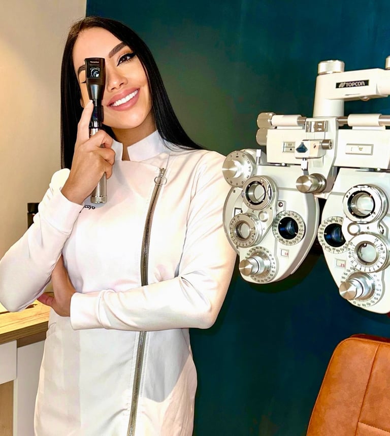 Optometrist in white coat holding phoropter examination device next to eye test equipment